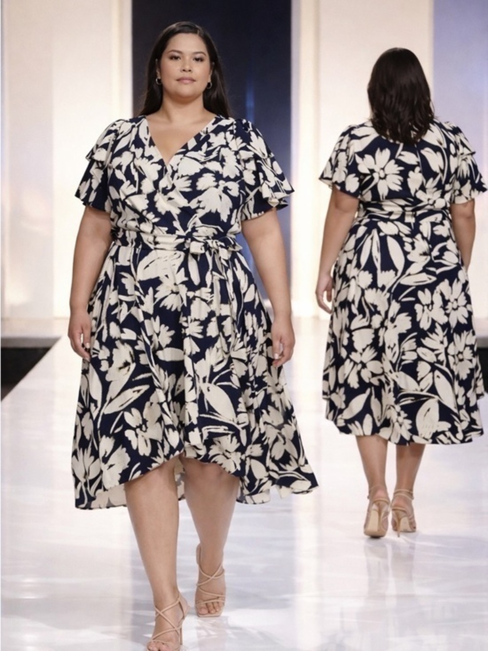 DKNY Navy and Cream Floral Faux Wrap Dress